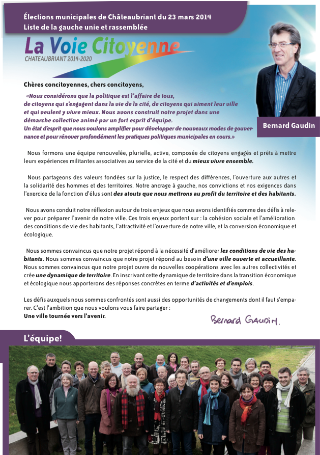 profession de foi. Bernard Gaudin. Châteaubriant 2014-2020 La voie citoyenne
